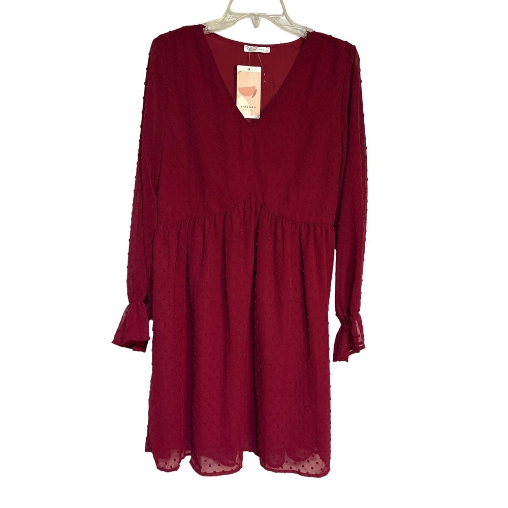 KIRUNDO Women's‎ Burgundy Swiss Dot Long Sleeve V Neck Mini Dress